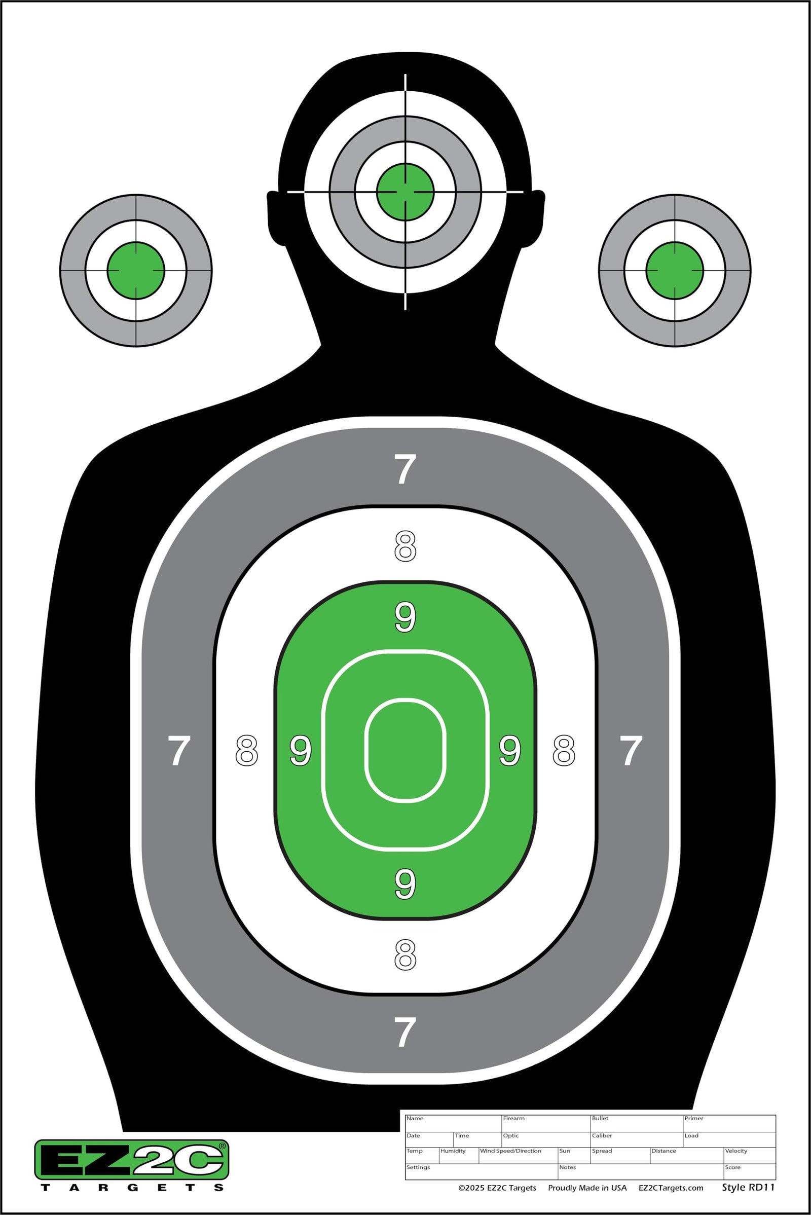 100 EZ2C 12"x18" Green Silhouette Paper Shooting Target, Premium USA Made Peel-Off Pad of 100