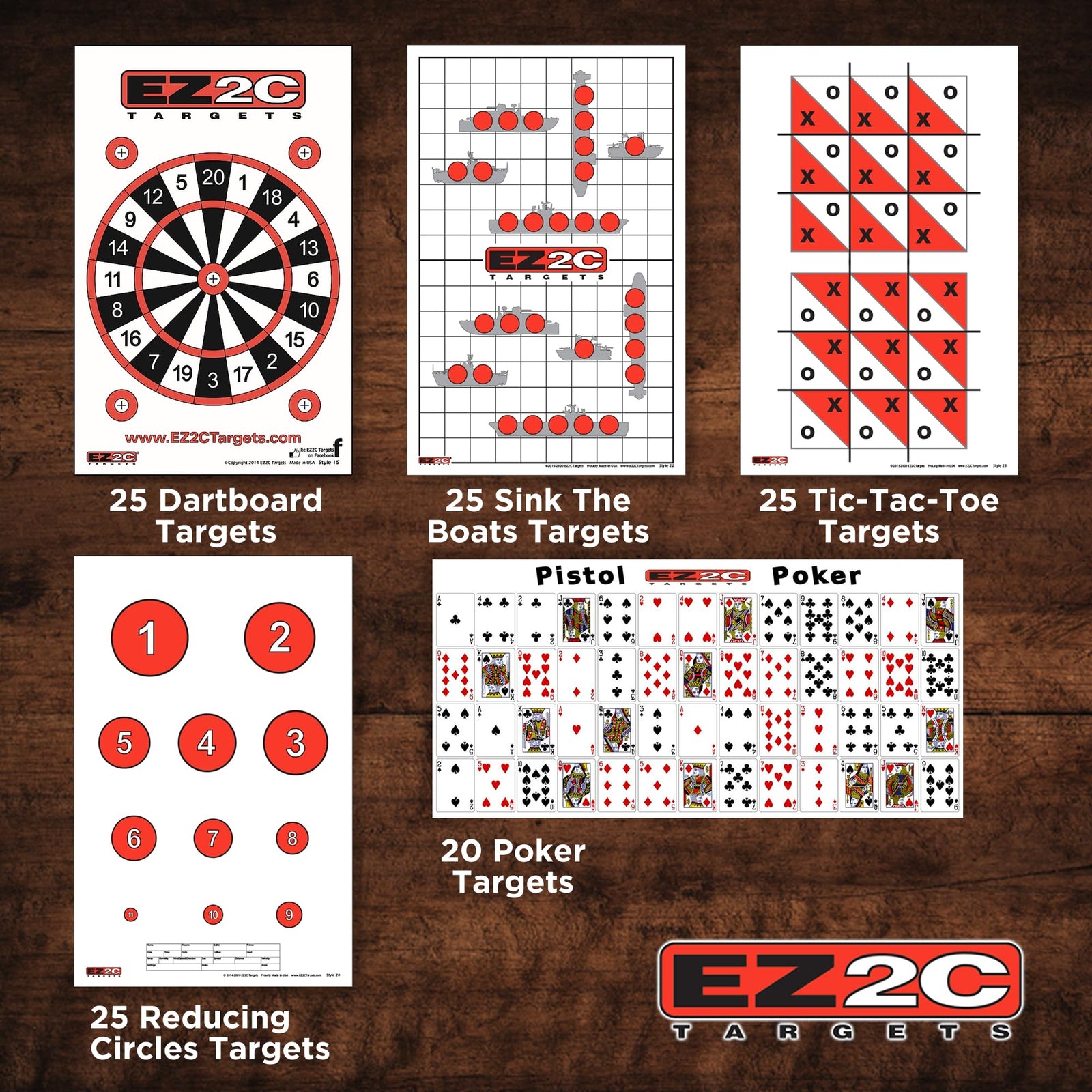 120 EZ2C Targets: 5 Game Style Paper Targets Bundle Pack Fun Games 11"x17" USA Made