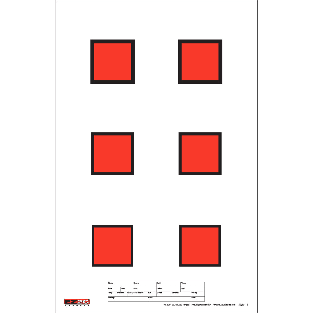 25 EZ2C Targets #18: Six 2” Squares Paper Shooting Targets Tear=Off Pad of 25 11"x17" USA MADE