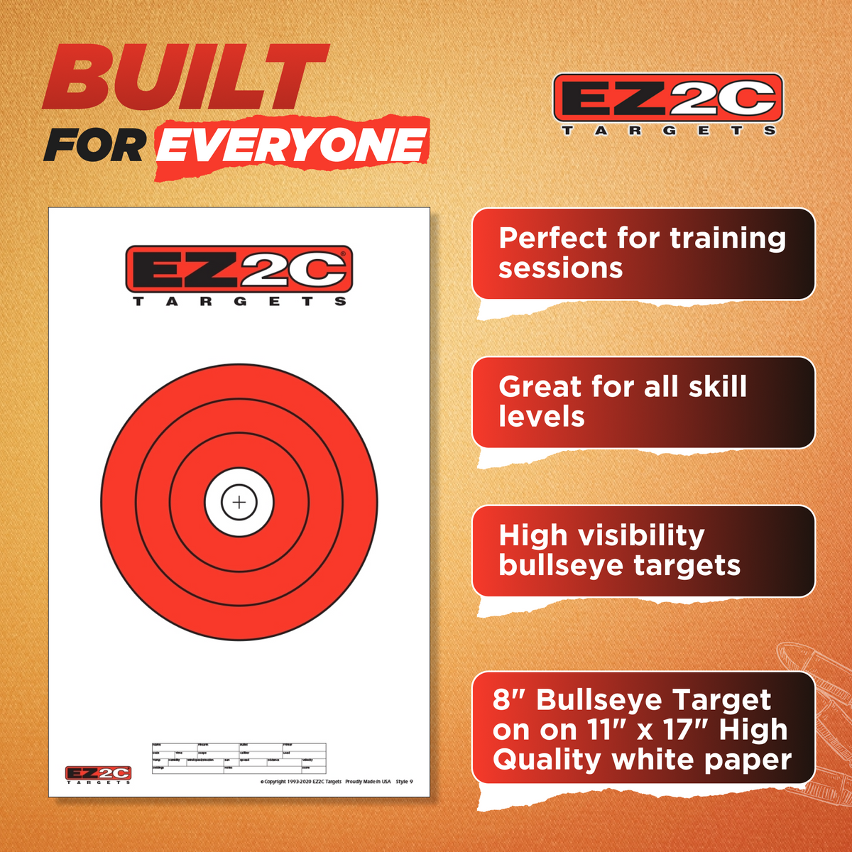 EZ2C Targets #9: 8" Bullseye Paper Shooting Target 11"x17" USA MADE Hi-Visibility