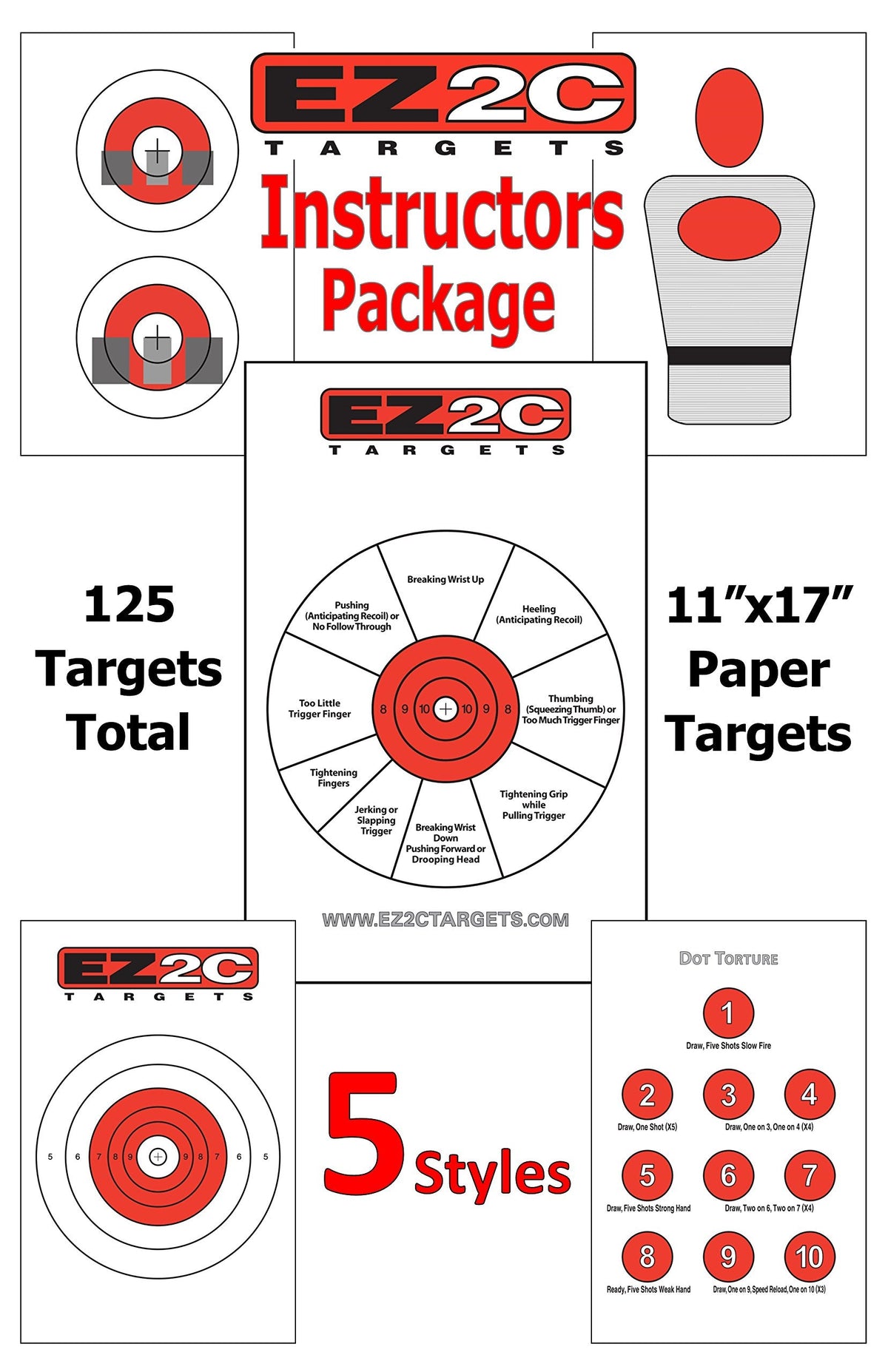 125 EZ2C Targets Instructors Favorites 5 Styles Paper Targets Bundle 11"x17" USA Made