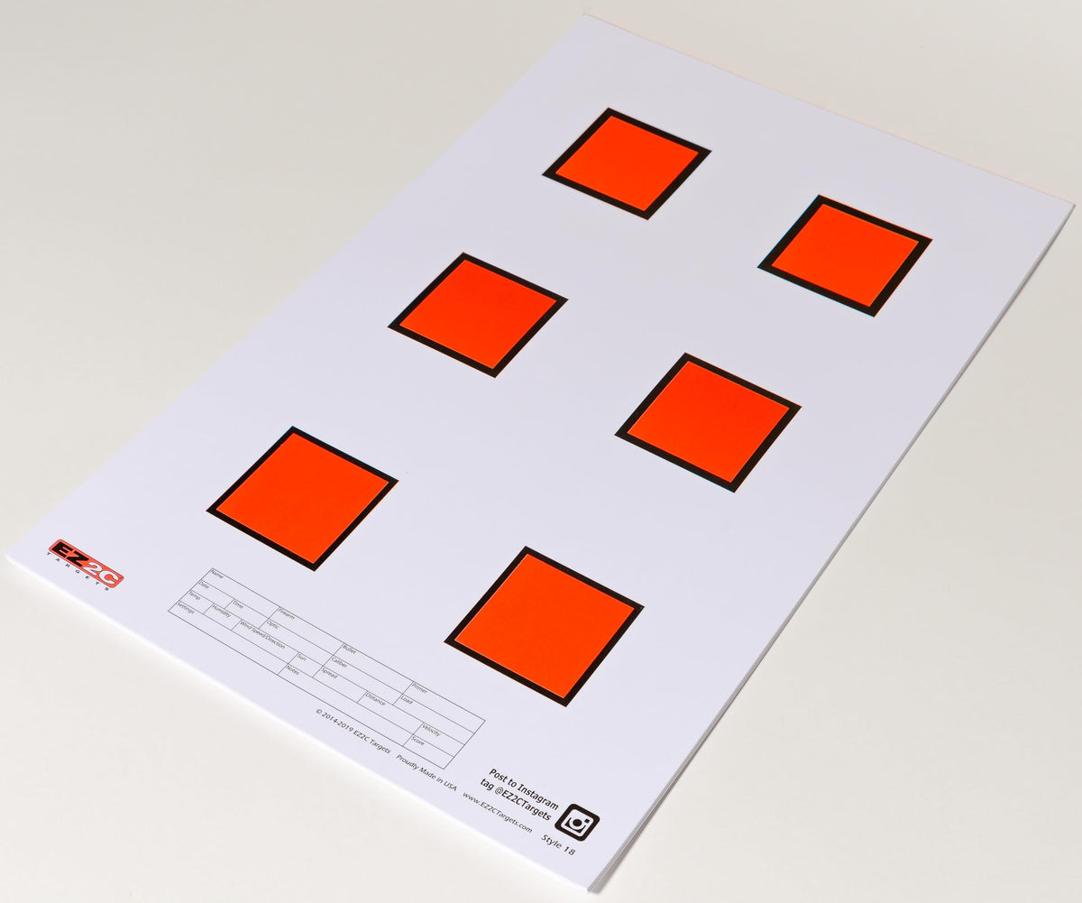 25 EZ2C Targets #18: Six 2” Squares Paper Shooting Targets Tear=Off Pad of 25 11"x17" USA MADE