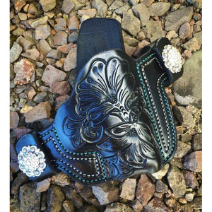 Classic Floral - Black leather with Teal and Silver thread with optional crystal snaps