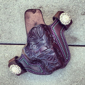 Classic Floral Outside the Waistband Leather Holster - Brown leather with lavender and teal thread, optional crystal snaps