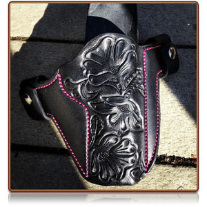 Classic Floral Outside the Waistband Leather Holster - Black leather, pink thread, standard included snaps