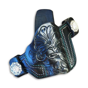 Classic Floral - Black leather with Teal and Silver thread with optional crystal snaps
