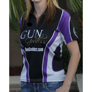 GunGoddess Shooting Shirt by Gemini - Design option 3 - purple. The front GunGoddess logo is pre-set and cannot be changed. You can add your name and additional logos if you wish.